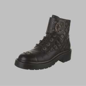 CHANEL Black Quilted Ankle Boots with Logo Detail